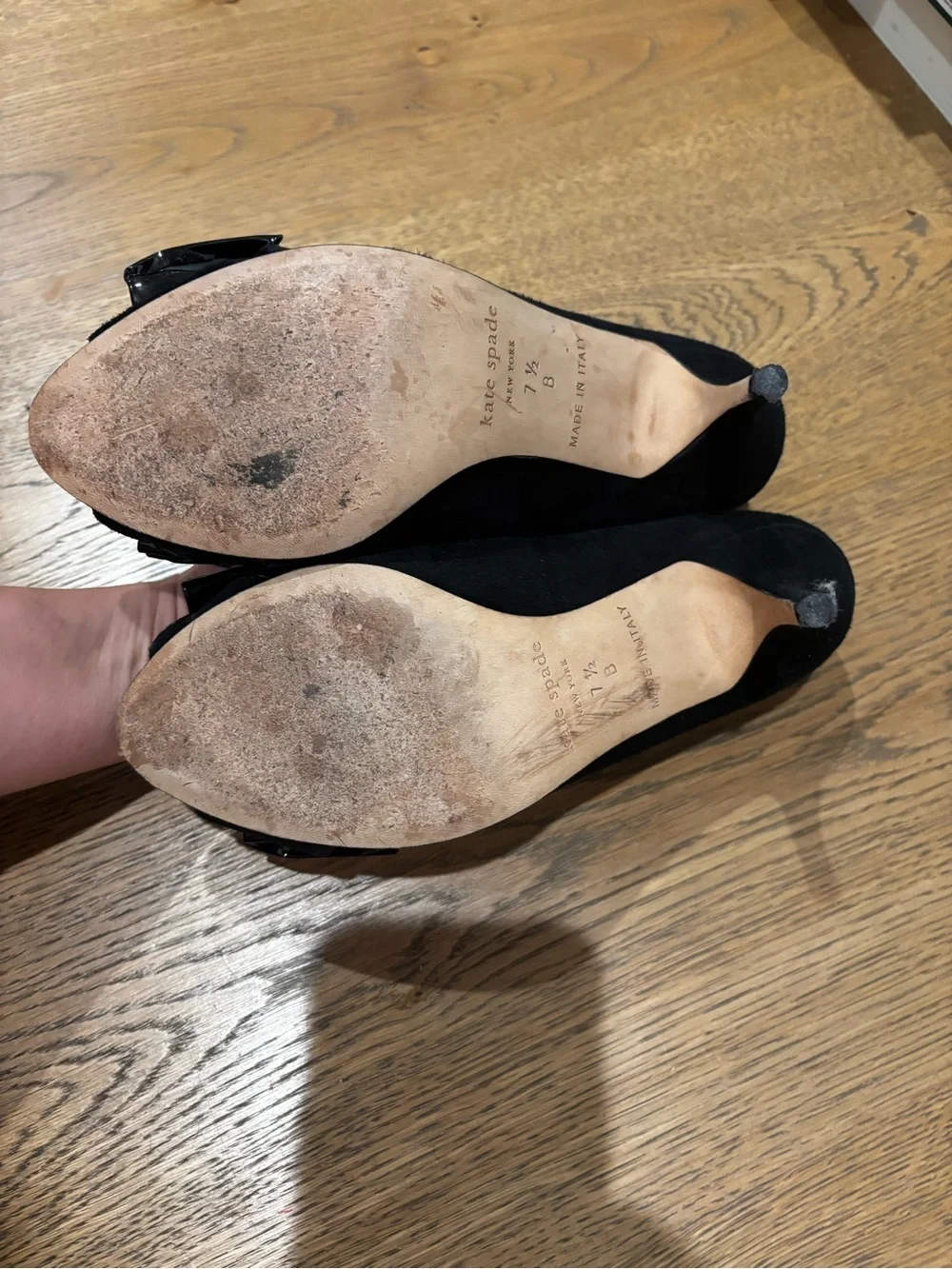 kate spade Black Suede Peep-Toe Pumps with Patent Bow
